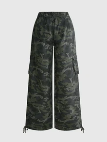 ROMWE Celana Jeans Kargo Potongan Lurus Longgar Multi-Saku Motif Kamuflase Y2K Musim Gugur Musim Dingin Musim Semi Kasual Jalanan - Hijau Tentara - View 8