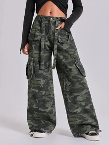 ROMWE Celana Jeans Kargo Potongan Lurus Longgar Multi-Saku Motif Kamuflase Y2K Musim Gugur Musim Dingin Musim Semi Kasual Jalanan - Hijau Tentara - View 1