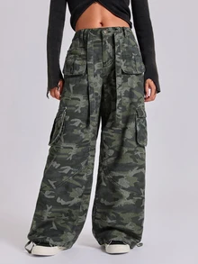 ROMWE Celana Jeans Kargo Potongan Lurus Longgar Multi-Saku Motif Kamuflase Y2K Musim Gugur Musim Dingin Musim Semi Kasual Jalanan - Hijau Tentara - View 4