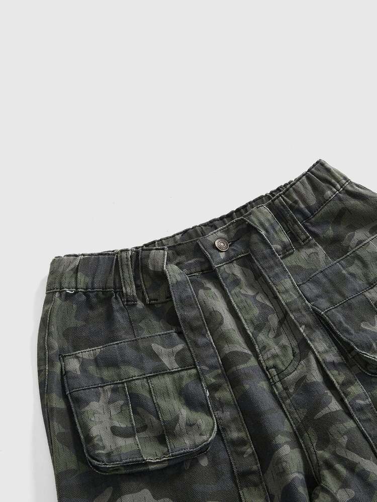 ROMWE 秋冬春街頭休閒 Y2K 迷彩寬鬆多口袋直筒工裝牛仔褲 - 軍綠色 - 查看 9