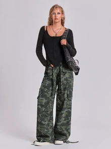 ROMWE Celana Jeans Kargo Potongan Lurus Longgar Multi-Saku Motif Kamuflase Y2K Musim Gugur Musim Dingin Musim Semi Kasual Jalanan - Hijau Tentara - View 3