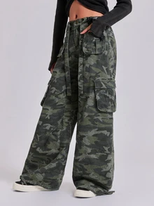ROMWE Celana Jeans Kargo Potongan Lurus Longgar Multi-Saku Motif Kamuflase Y2K Musim Gugur Musim Dingin Musim Semi Kasual Jalanan - Hijau Tentara - View 5