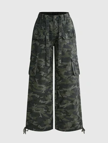 ROMWE Celana Jeans Kargo Potongan Lurus Longgar Multi-Saku Motif Kamuflase Y2K Musim Gugur Musim Dingin Musim Semi Kasual Jalanan - Hijau Tentara - View 7