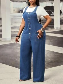 SHEIN Unity Plus Size Women's Outdoor All-Season Fashion Casual Utility Pocket Button-Down Blue Denim Overall Jumpsuit - Medium Wash - View 3