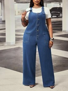 SHEIN Unity Plus Size Women's Outdoor All-Season Fashion Casual Utility Pocket Button-Down Blue Denim Overall Jumpsuit - Medium Wash - View 4