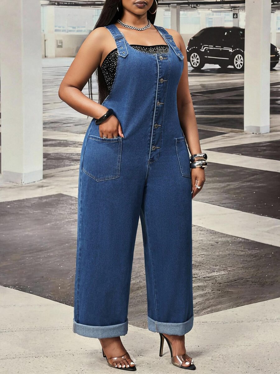 SHEIN Unity Plus Size Women's Outdoor All-Season Fashion Casual Utility Pocket Button-Down Blue Denim Overall Jumpsuit - Medium Wash - View 1