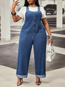 SHEIN Unity Plus Size Women's Outdoor All-Season Fashion Casual Utility Pocket Button-Down Blue Denim Overall Jumpsuit - Medium Wash - View 5