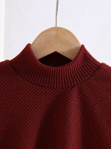 SHEIN Elladie kids 女童春秋冬休閒套裝，設計感不對稱套頭高領酒紅色針織羅紋刷毛布料拼接極地絨長袖T恤上衣，搭配褲腳拼接極地絨休閒喇叭褲，2件套，適合春秋冬返校季，優雅高級日常上學、出遊、旅行、派對穿搭 - 酒紅色 - 查看 4