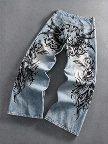 ROMWE MEN Street Life Fashionable Graphic Print Comfortable Versatile Men's Casual Denim Jeans - Blue - View 8