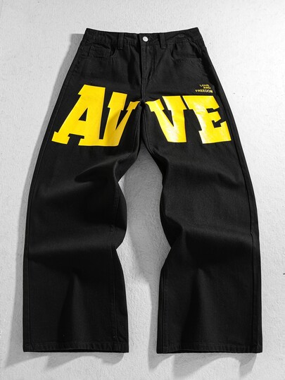 Street Life Men's Vintage Washed Black Wide Leg Loose Fit Denim Jeans Y2K Hip Hop Skateboard Street Style Yellow Letter Print Loose Denim Pants Punk Classic Wide Leg Non-Stretch Denim Suitable For Street Photography, Parties, Daily Wear