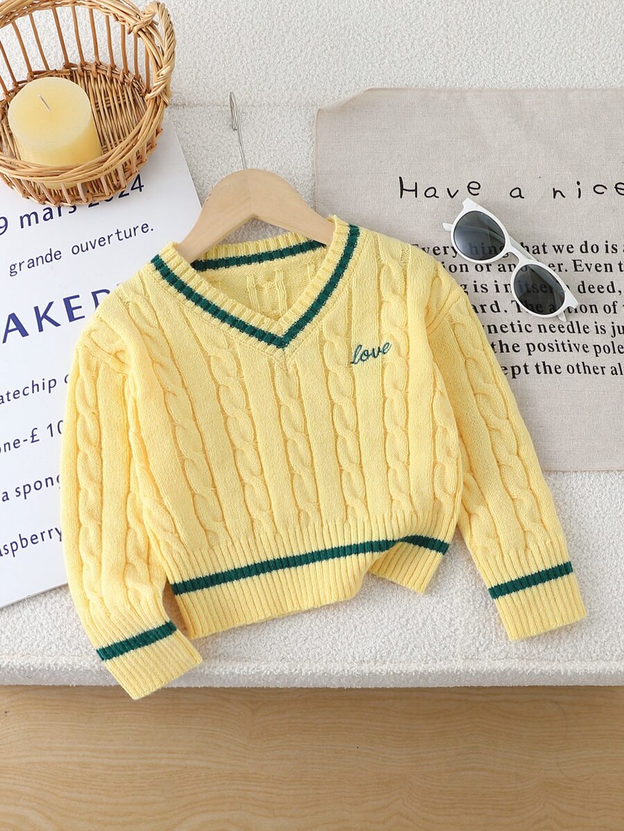 SHEIN 1件女童毛衣,時尚簡約百搭V領黃色扭繩紋理配深綠色飾邊,落肩長袖針織套頭衫,胸前「LOVE」英文刺繡圖案,清新可愛風格,適中厚度,下擺整齊,袖口緊緻,柔軟親膚,單穿好看,適合日常穿著、上學、出遊等場合,秋冬必備 - 黃色 - 查看 1