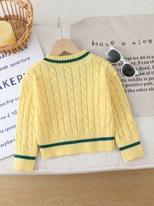 SHEIN 1件女童毛衣，時尚簡約百搭V領黃色扭繩紋理配深綠色飾邊，落肩長袖針織套頭衫，胸前「LOVE」英文刺繡圖案，清新可愛風格，適中厚度，下擺整齊，袖口緊緻，柔軟親膚，單穿好看，適合日常穿著、上學、出遊等場合，秋冬必備 - 黃色 - 查看 2