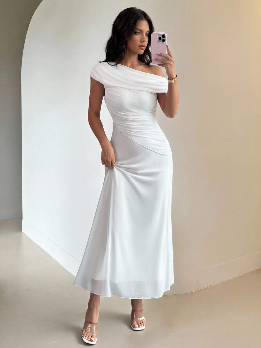 Modelyn Women's Mesh Asymmetric Ruched Hem Elegant Romantic French Style Dress Wedding Party Christening White Summer Homecoming Dress - White - View 1