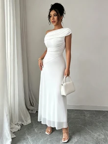 Modelyn Women's Mesh Asymmetric Ruched Hem Elegant Romantic French Style Dress Wedding Party Christening White Summer Homecoming Dress - White - View 6