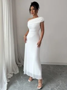 Modelyn Women's Mesh Asymmetric Ruched Hem Elegant Romantic French Style Dress Wedding Party Christening White Summer Homecoming Dress - White - View 4
