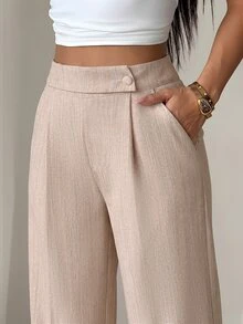 SHEIN PETITE 女款竹纖維面料腰前疊層扣飾設計優雅教師制服 專業休閒風，適合嬌小女性 - 卡其色 - 查看 5