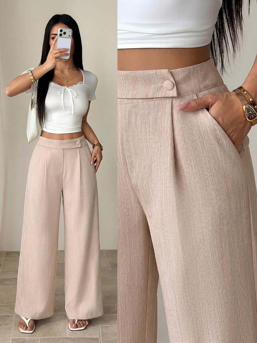 SHEIN PETITE 女款竹纖維面料腰前疊層扣飾設計優雅教師制服 專業休閒風,適合嬌小女性 - 卡其色 - 查看 1