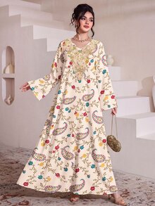 SHEIN Najma Off-White 佩斯利花紋與佩斯利花卉印花女款洋裝，時尚V領長袖洋裝，適合春季/秋季，適用於日常休閒、度假與街頭穿搭，阿拉伯風格造型 - 彩色 - 查看 4
