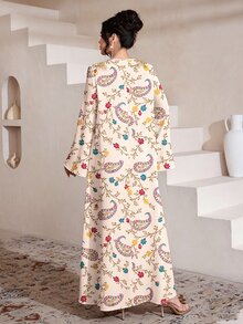 SHEIN Najma Off-White 佩斯利花紋與佩斯利花卉印花女款洋裝，時尚V領長袖洋裝，適合春季/秋季，適用於日常休閒、度假與街頭穿搭，阿拉伯風格造型 - 彩色 - 查看 2