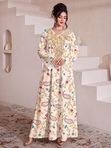 SHEIN Najma Off-White 佩斯利花紋與佩斯利花卉印花女款洋裝，時尚V領長袖洋裝，適合春季/秋季，適用於日常休閒、度假與街頭穿搭，阿拉伯風格造型 - 彩色 - 查看 3