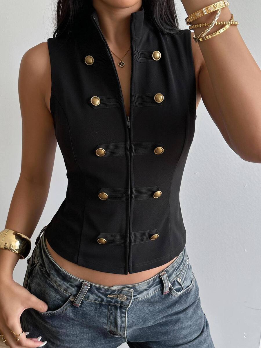 SHEIN PETITE Women's Fashion Elegant Vintage Double-Breasted Zipper Vest - Black - View 1