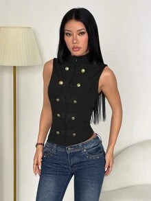 SHEIN PETITE Women's Fashion Elegant Vintage Double-Breasted Zipper Vest - Black - View 10