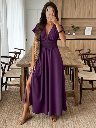 Elouméa Women's V-Neck Solid Color Slit Design Ruched Waist Elegant Long Party Dress