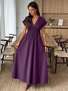 Elouméa Women's V-Neck Solid Color Slit Design Ruched Waist Elegant Long Party Dress - Purple - View 5