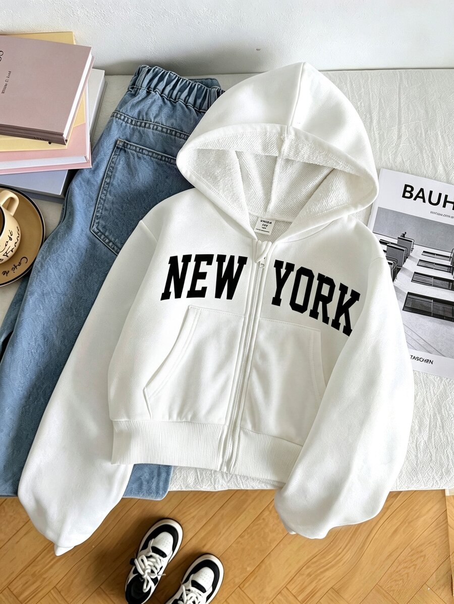 SHEIN Tween Girl Knit Solid Kids Color Letter Pattern Hooded Casual Open Front Autumn Winter Sweatshirt - White - View 1