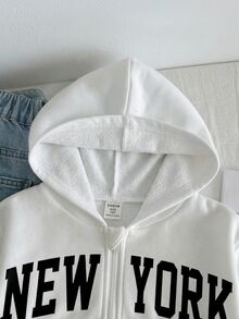SHEIN Tween Girl Knit Solid Kids Color Letter Pattern Hooded Casual Open Front Autumn Winter Sweatshirt - White - View 4