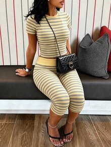 Rovax Summer Casual Striped T-Shirt And 3/4 Pants 2 Pieces Set - Multicolor - View 4