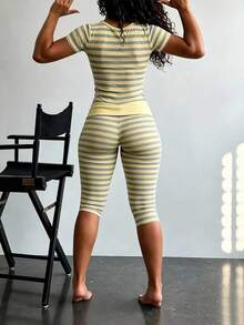 Rovax Summer Casual Striped T-Shirt And 3/4 Pants 2 Pieces Set - Multicolor - View 2