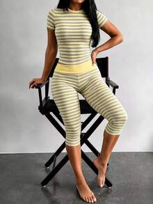 Rovax Summer Casual Striped T-Shirt And 3/4 Pants 2 Pieces Set - Multicolor - View 3