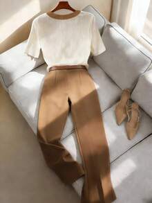 GlowEve 2pcs Women Summer Round Neck Color Block Short Sleeve T-Shirt And Pants Set Teachers' Day Office Brunch White Light Brown Casual Elegant - Khaki - View 2