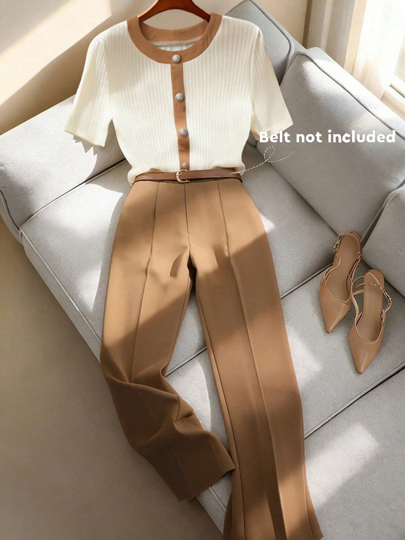 GlowEve 2pcs Women Summer Round Neck Color Block Short Sleeve T-Shirt And Pants Set Teachers' Day Office Brunch White Light Brown Casual Elegant - Khaki - View 1