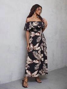 Eryvara 植物印花露肩开衩大腿连衣裙，适合夏季度假，可作沙滩装、夏威夷风情连衣裙、女士度假连衣裙、长款连衣裙、夏季露肩连衣裙、女士连衣裙、女士夏季服装、沙滩装、热带印花连衣裙 - 彩色 - 查看 6