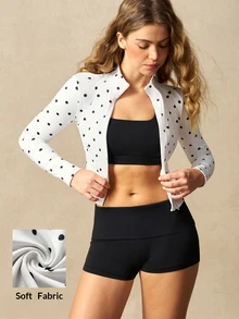 VARSIVA Zip Through BBL Velour Polka Dot Active Jacket Only Sport Workout Gym Cute Pilates Fitness Daily - Black and White - View 13