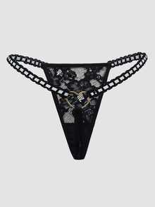 SHEIN 1pc Women Sexy Sheer Lace Thong Lingerie, Rave - Black - View 2