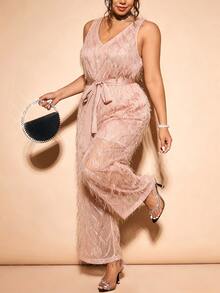 Cravure Plus Size Women's New Elegant Party Jumpsuit With Fringe, V-Neck, Bow Tie, Back Cutout, Spring/Summer - Pink - View 6