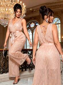 Cravure Plus Size Women's New Elegant Party Jumpsuit With Fringe, V-Neck, Bow Tie, Back Cutout, Spring/Summer - Pink - View 1