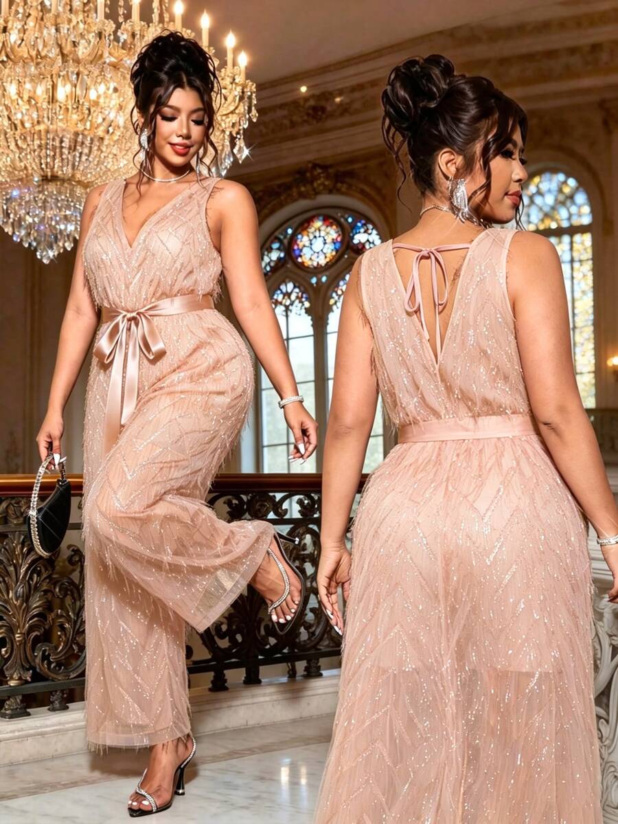 Cravure Plus Size Women's New Elegant Party Jumpsuit With Fringe, V-Neck, Bow Tie, Back Cutout, Spring/Summer - Pink - View 1