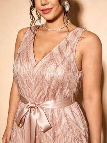 Cravure Plus Size Women's New Elegant Party Jumpsuit With Fringe, V-Neck, Bow Tie, Back Cutout, Spring/Summer - Pink - View 3