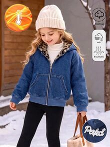 SHEIN Emery Rose Kids 青少年女孩秋冬棒球風柔軟可翻面深藍色丹寧豹紋保暖內裡連帽長袖短版夾克 - 藍色 - 查看 4