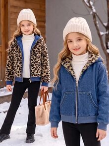 SHEIN Emery Rose Kids 青少年女孩秋冬棒球風柔軟可翻面深藍色丹寧豹紋保暖內裡連帽長袖短版夾克 - 藍色 - 查看 6