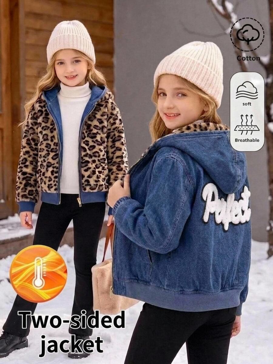 SHEIN Emery Rose Kids 青少年女孩秋冬棒球風柔軟可翻面深藍色丹寧豹紋保暖內裡連帽長袖短版夾克 - 藍色 - 查看 1