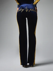 BABYPHAT Velvet Flared Pants With Gold Embroidery Logo Detail Low Rise Side Stripe Bootcut Leg Evening Party Holiday Style - Royal Blue - View 4