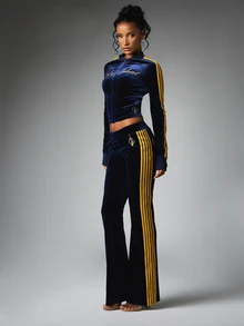 BABYPHAT Velvet Flared Pants With Gold Embroidery Logo Detail Low Rise Side Stripe Bootcut Leg Evening Party Holiday Style - Royal Blue - View 3