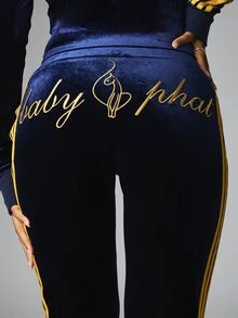 BABYPHAT Velvet Flared Pants With Gold Embroidery Logo Detail Low Rise Side Stripe Bootcut Leg Evening Party Holiday Style - Royal Blue - View 7