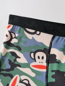 Paul Frank X SHEIN Men's Comfortable Elastic Breathable Camouflage & Monkey Print Patchwork Letter Webbing Boxer Briefs - Army Green - View 5