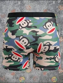 Paul Frank X SHEIN Men's Comfortable Elastic Breathable Camouflage & Monkey Print Patchwork Letter Webbing Boxer Briefs - Army Green - View 2